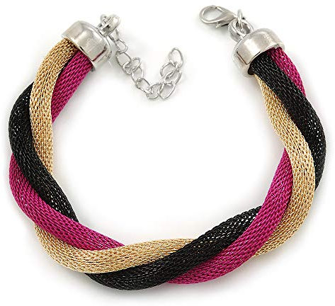 Avalaya Bracciale in maglia intrecciata nero/fucsia/oro/tono argento/16 cm L/4 cm, Argento