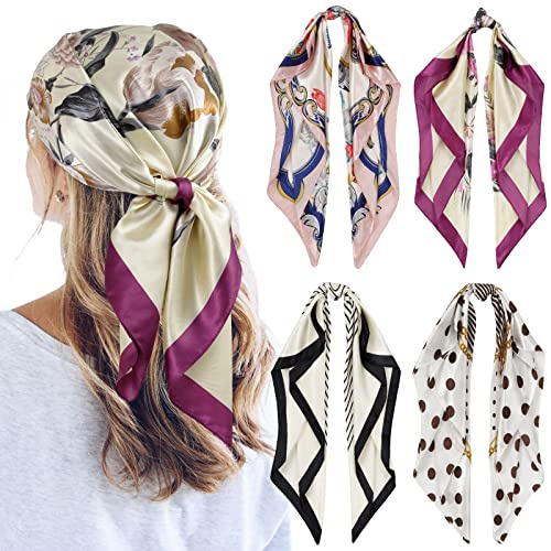 QBSM 4 Pcs 35'' Satin Seidentuch – Großes Quadratisches Kopftuch für Frauen, Seidenschal für Haar, Schlaf & Hals (90x90cm)
