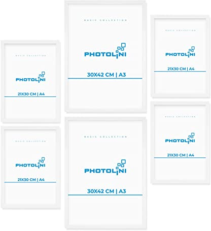 PHOTOLINI weiße Bilderrahmen Set verschiedene Größen, 6 Bilderrahmen weiß Holz MDF, Bilder Rahmen mit Acrylglas, No.7 Bilderrahmenset zum Aufhängen, Fotorahmen Set mit Zubehör für Fotos & Poster