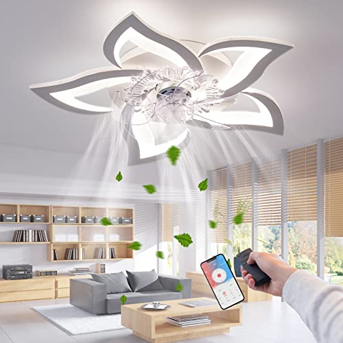 RRBEST LED Deckenventilator mit Beleuchtung,Kreativität 5 Flammige,Leise Dimmbar Lüfterlicht Deckenleuchte mit Fernbedienung und APP Steuerung(Weiß 69cm)
