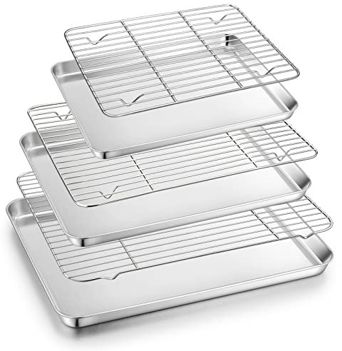 TeamFar Backblech mit Rost Set (3 Pfannen + 3 Gestelle), 44,6/32,5/26,7 cm Edelstahl Keksblech Backformen Tablett und Kühlgitter zum Kochen Braten, ungiftig & strapazierfähig, spülmaschinenfest