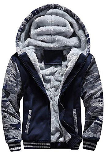 VSUSN Herren Kapuzenpullover mit Reißverschluss, Langarm Kapuzenjacke, Winter Warm Fleece-Innenseite Sweatshirt, Plus Dicke Fleecejacke, Sweatjacke Mit Kapuze(Camouflage&Blau, 5XL)