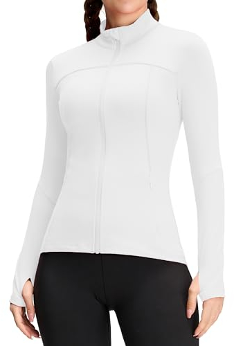 QUEENIEKE Damen Laufjacke Sportjacke Trainningsjack Langarm definieren Jacke Full Zip Leicht Atmungsaktive Sweatjacke mit Taschen Daumenloch für Fitness Yoga Jacke Farbe Weiß M