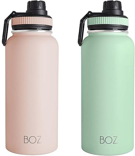 BOZ - Gourde Isotherme En Acier Inoxydable 1L, Sans BPA, Isolation Sous Vide | Gourdes de Camping et Randonnée Avec Couvercle Anti Germe, Bouteille d'Eau 1 Litre (Rose + Vert)