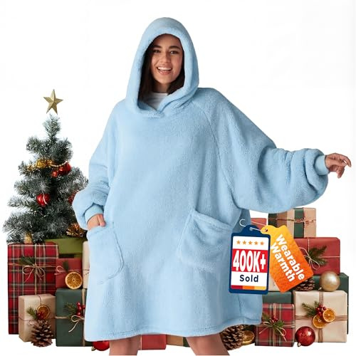 Bedsure Tragbare Decke Hoodie Hellblau – Flauschiges Fleece Erwachsene Kapuzenjacke für Männer und Frauen, bequeme Kuschel-Kapuzendecke für sie, Geschenk für Frauen, blau, 95 x 85 cm