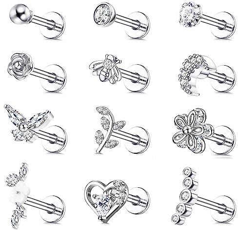 JeweBella 12 Stück 16G Tragus Helix Piercing Ohrringe für Damen Chirurgenstahl Knorpel Ohrringe Zirkonia Herz Blume Conch Piercing Labret Nase Piercing Ohrstecker Set Tragus Piercing Ohr Silber/Gold