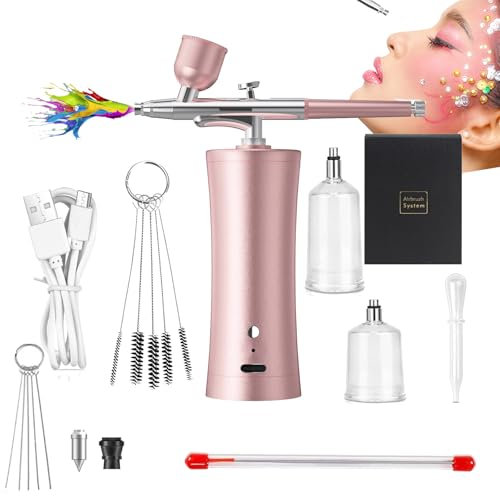 RoseFlower Kit de aerógrafo, Juego de Pistola de Pulverización con Compresor, Juego de Aerógrafo de Mano Recargable para Maquillaje, Pintura, Manicuras, Tatuajes, Decoración de Pasteles -Rosa