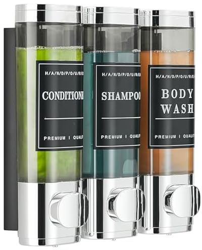 Dispenser per sapone da doccia, montaggio a parete, senza trapano, dispenser per shampoo e balsamo, per bagno e hotel, 3 x 300 ml, cromato, con etichette