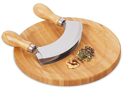 Relaxdays Wiegemesser mit Brett, Bambus & Edelstahl, zweischneidiges Kräutermesser, Kräuterbrett Ø 20 cm, natur/silber
