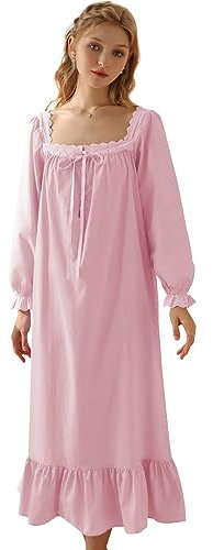 Nanxson Chemise De Nuit Victorienne en Coton pour Femme - Style Princesse Vintage à Manches Courtes/Longues (XL, Manches Longues Rose)