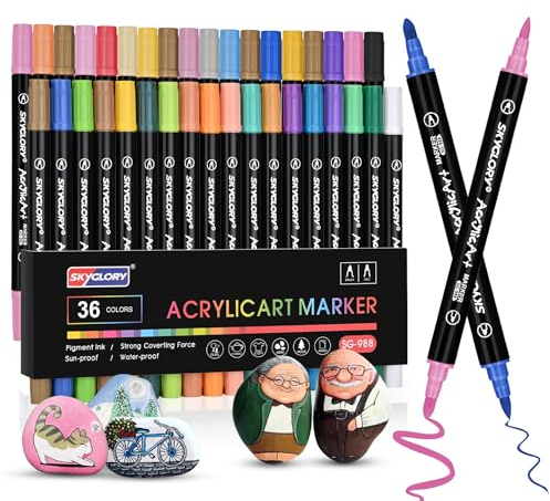 Damcyer Rotuladores Acrilicos, 36 Colores Rotulador Acrilico Permanentes Doble Punta con Fina y Pincel Rotuladores de Pintura Acrílica para Pintar Piedras, Tela, Cerámica
