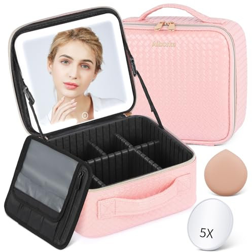 Aiborke Travel Makeup Bag with Led Mirror Makeup Case with Lighted Mirror Cosmetic Organizer Bag with Adjustable Dividers and 10x Magnifying Gift for Women, Pink, Portable
