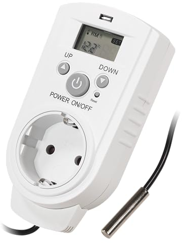 McPower Steckdosen Thermostat | TCU-540 | Klimaregelung 5-30°C, 3.680W 230V/16A inkl. Backup-Akku Display, Kabel + Außenfühler zum steuern Regeln von Heizgeräten, Kühlgeräten