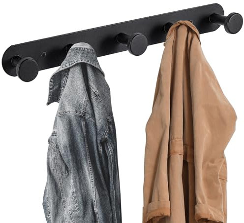 Yafe Coat Hooks Wall Mounted, 5 Black Door Hooks Heavy Duty Coat Rack Adhesive Hooks Coat Hooks for Wall Coat Hanger for Bathroom Bedroom Living Room Door Wall