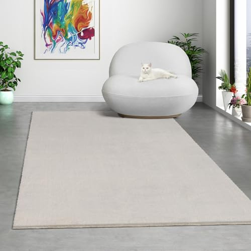 Mia's Teppiche Comfort Moderner Flauschiger Kurzflor Teppich, Anti-Rutsch Unterseite, Waschbar bis 30 Grad, Super Soft, Felloptik, Beige, 160 x 220 cm