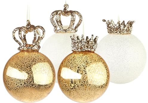 BRUBAKER Weihnachtskugel Set - King und Queen - 4 Premium Baumkugeln aus Glas - Gold und Glitzer mit Kronen - Christbaumschmuck König/Königin - Weihnachtsdeko Royal Duo