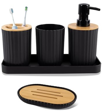 SMUFFBUQ 5-teiliges Badezimmer-Zubehör-Set, schwarzes Badezimmer-Set, Bambus-Seifenspender und Zahnbürstenhalter, Seifenschale