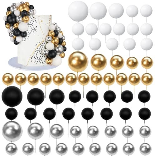 66 PCS Ball Cake Picks Black Silver White Gold 4 Sizes for DIY Baking Decoration Cupcake Toppers and Wedding Anniversary Birthday