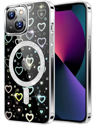 DEVASO Magnetisch Hülle für iPhone 13/14 Kompatibel mit MagSafe, Farbverlauf Glitzer Herz Muster Transparent Handyhülle, Durchsichtige Flash Hologramm Kratzfest Schutzhülle für Mädchen Frauen