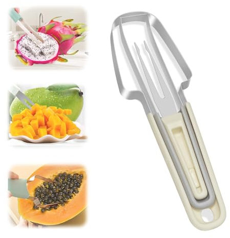 Mauepersu Coupe-pastèque 3 en 1, coupe-pastèque en acier inoxydable, coupe-pastèque, outil de coupe de pastèque, couteau à fruits, fourchette de coupe rapide, fourchette à fruits (Blanc)