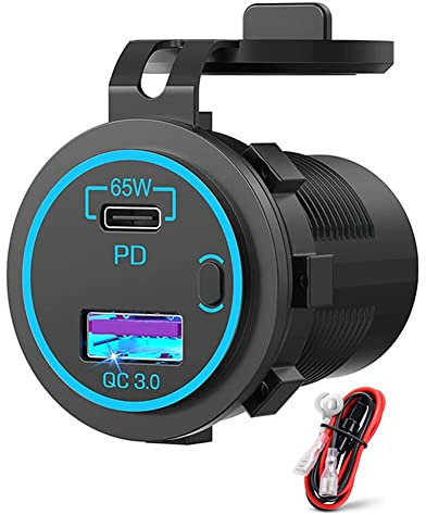 Mauedest Prise USB pour ordinateur portable USB C chargeur de voiture prise 65 W PD 12 V noir multi-ports adaptateur étanche pour voiture, bateau, camion