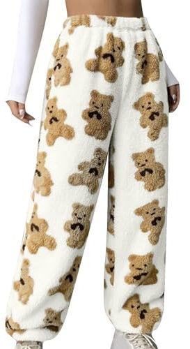 Schlafanzughosen für Damen Print Warm Hose Mode Fleece Lounge Hose Niedlich Fliege Bär Druck Winter Lässige Loose Plüsch Hosen Bequem Weich Warm Fleece Lange Hosen Nachtwäsche Hosen