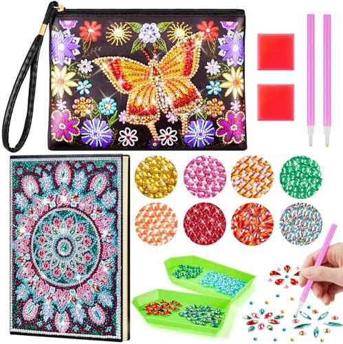 Enbagold Diamond Painting Kinder Kosmetiktasche & A5 Notizbuch, Bastelset Kinder ab 6 Jahre, Basteln Mädchen 8-12 Jahre, Geschenk Mädchen 6 7 8 9 10 11 12 Jahre -Blumenschmetterling + Sonnenblume