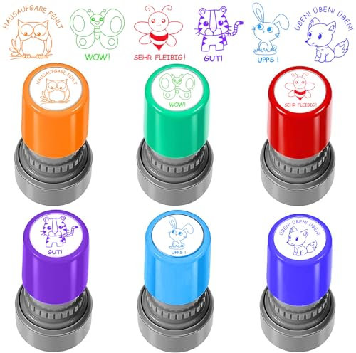 6 Stück Selbstfärbende Lehrer Stempel, Lehrer Bewertung Belohnung Motivation Briefmarken, Niedliches Cartoon Kinder Stempel, Lob Siegel Ermutigung, Schüler Hausaufgaben Stamper