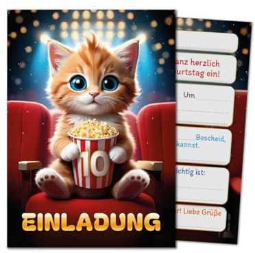 JuNa-Experten 12 Einladungskarten zum 10. Kindergeburtstag Jungen Jungs Mädchen Kino coole bunte Einladungen zehnte Geburtstag Kinder Jungsgeburtstag Cinema Kinderparty Geburtstagseinladungen