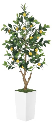 PHYTREE Limonero artificial de 5 pies, árbol de limón sintético con maceta alta blanca, planta de limón falsa con frutas de limón realistas y hojas de seda, plantas artificiales de interior para