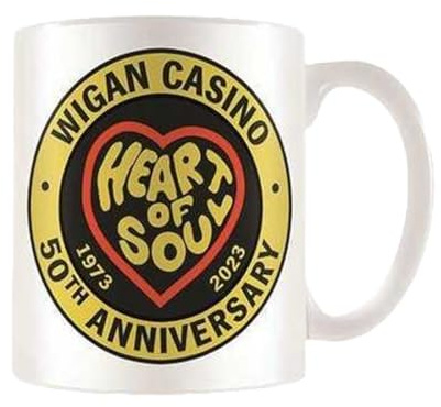 Wigan Casino - Kaffeebecher Keep The Faith, Herz, 50-jähriges Jubiläum (Einheitsgröße) (Weiß/Gelb/Schwarz)