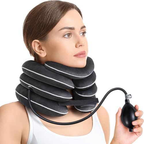 AUVON Inflatable Neck Stretcher, Cervical Neck Traction Device with 3-Layer Design in Varying Sizes for Pain Relief & Decompression, Neck Brace Pillow for Support, Home Use, M Size