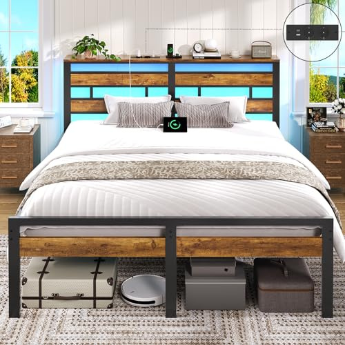 Brinlawb Bett 160x200 mit Lattenrost aus Metall, Doppelbett Bettgestell 160x200cm mit LED Beleuchtung und Ladestation (2 AC-Steckdosen, 1 USB-Anschluss und 1 Type-C-Anschluss) Metallbett mit Kopfteil