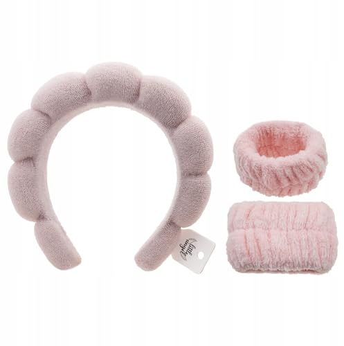 3-teiliges Spa Haarband & Frottee-Armband Set – Weiches Make-up Stirnband für Gesichtspflege, Kosmetik, Wellness & Abschminken – Rosa Set für Damen & Mädchen – von Little Angel