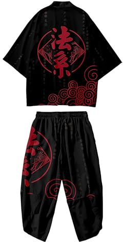 DOSLAVIDA Ensemble de veste kimono japonaise pour homme - Élégant manteau ouvert sur le devant avec short - Style chinois - Cardigan imprimé, noir/rouge, X-Large