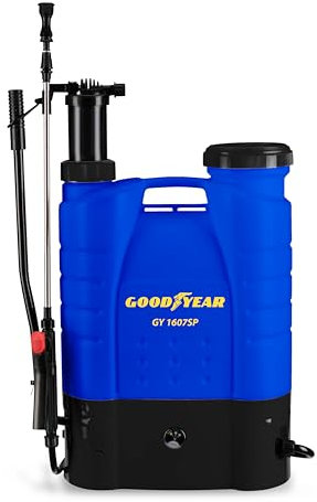 Goodyear - Mochila Pulverizadora Eléctrico 16L, Bateria 4h, Presión de Trabajo 2-4 Bar, Lanza de Acero Inoxidable, Boquillas Regulables, Pulverizador de Jardín para Fertilizantes y Pesticidas