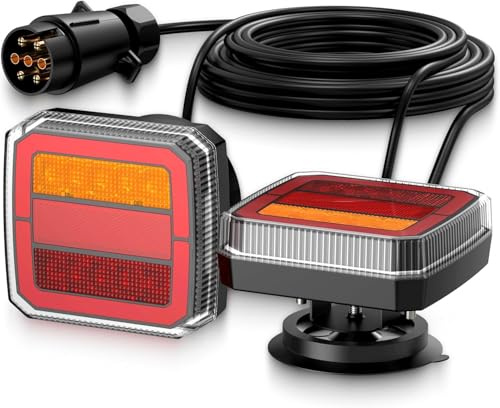 Justech 2x 40LEDs Anhänger Rückleuchten mit Magneten mit 7,35m Kabel und 7-Pol-Stecker 12V Rückfahrleuchten Rücklicht mit 4 Funktionen IP65 Rückfahrlicht Bremsleuchte für Anhänger LKW Wohnwagen E9 E57