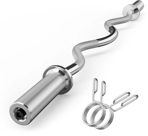 Olympic EZ Curl Barbell Bar, 47 Curl Bar for Weight Lifting, HipThrusts,Squat,Biceps-Home Gym Weight Bar, Chrome Curling Bar with 2Spring Collars for 2 Inch Weight Plates -500lb Weight Capacity