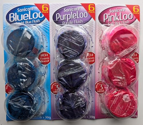 Sanicare Toilet Cistern Blocks, 18 Blocks, 3 x 6 Pack, Mixed Colours | BlueLoo, PurpleLoo and PinkLoo variety pack with fresh fragrance and limescale protection