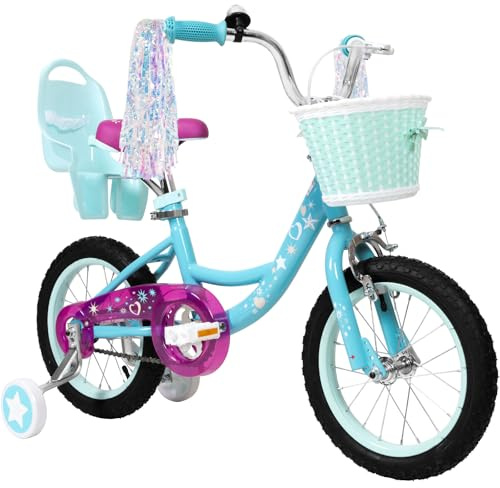WEIZE Girls Bike for 3-5 Years Old Kids, 14 Inch Kids Bike with Training Wheels, Streamers, Basket and Doll Seat, Children Bicycles with Coaster Brake, Blue