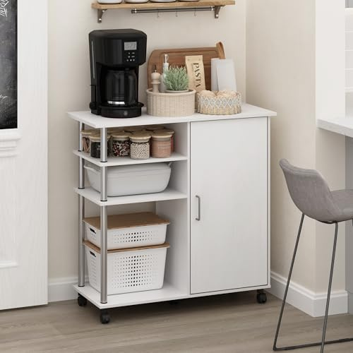 Furinno Helena Bäckerregal mit Rollen, 4-stöckig, rollende Kücheninsel, Küchenwagen, mit geschlossenem Schrank, Kaffeebar, Speisekammer-Organizer und Aufbewahrung, weißes Holz