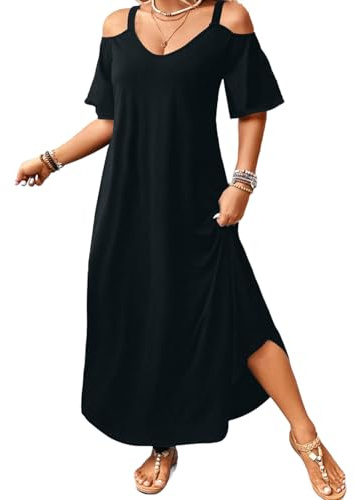 Women Cold Shoulder Dresses Summer Casual V Neck Long Dress Short Sleeve Floaty Beach Dress Ladies Loose Fit Bohemian Swing Vacation Dresses for Night Out Party Holiday