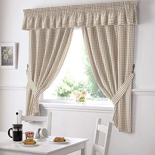 Alan Symonds Gingham Kitchen Curtains Beige Pelmet 136 x 10