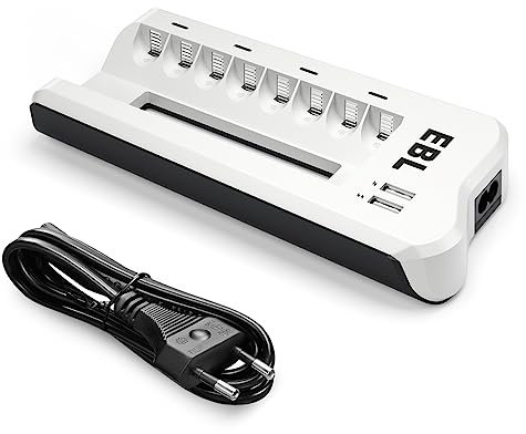 EBL Chargeur de Piles - Chargeur Piles Rapide pour AA AAA Piles Rechargeables Ni-MH, avec Indicateurs LED Intelligents et 2 Ports USB pour Charger Smartphones et tablettes