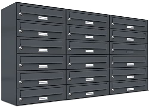 AL Briefkastensysteme 18er Briefkastenanlage Anthrazit Grau RAL 7016, Premium Briefkasten DIN A4, 18 Fach Postkasten modern Aufputz