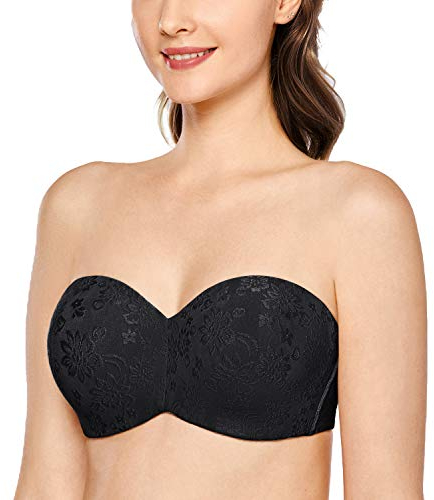 DELIMIRA Damen Jacquard Trägerloser BH Große Größen mit Bügel Bandeau BH ohne Träger ohne Polster für Dirndl Schwarz 95D