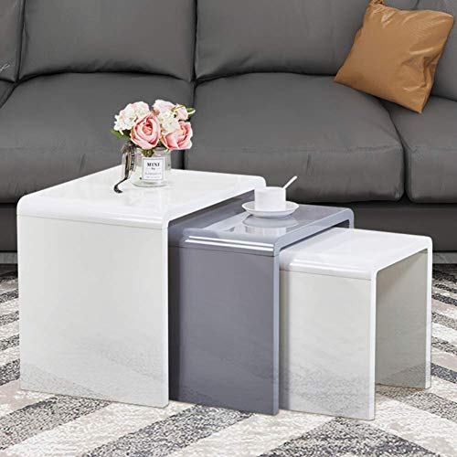 GOLDFAN Beistelltische 3 Set Satztische Rechteckiger Wohnzimmertisch Klein Holz Couchtisch Hochglanz Design Wohnzimmer Schlafzimmer Weiß Grau