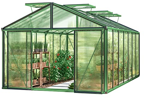 GFP Gewächshaus Asteria 25 Premium 311x534 cm mit integriertem Fundament 16 mm Doppelstegplatten, Farbe Moosgrün