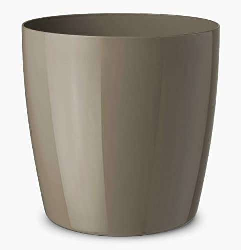 Floralo Teramo Übertopf 30cm Durchmesser x 29cm hoch taupe, glänzend, in den Boden eingelassene Rollen, hellbraun