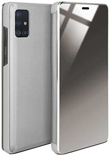 moex Void Case für Samsung Galaxy A51 Hülle in Hochglanz Optik, Clear View Cover Spiegelhülle, Flip Case 360 Grad Schutzhülle mit Spiegel, Rundumschutz Handyhülle, Silber